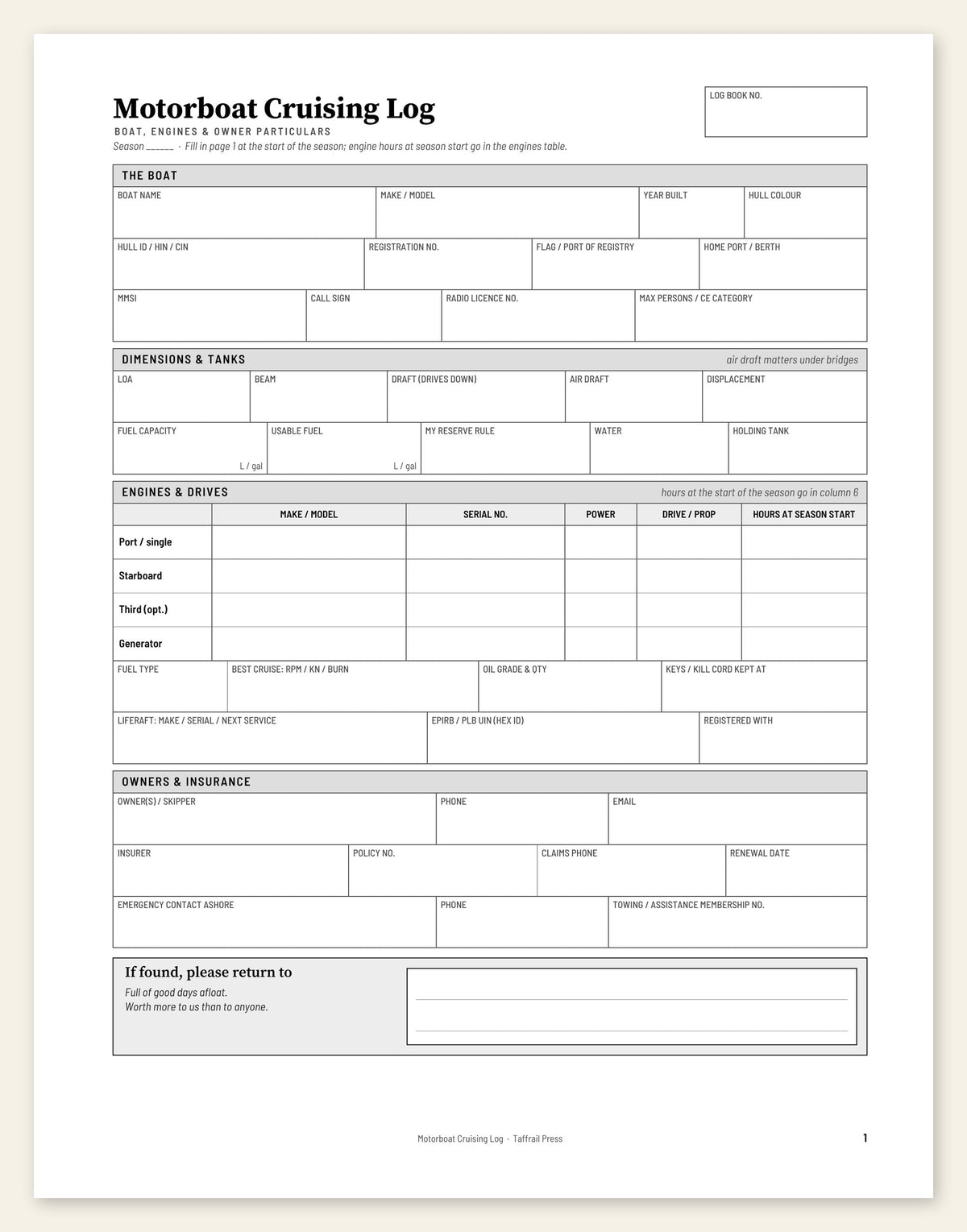Page one Vessel Particulars interior spread of a Taffrail Press logbook
