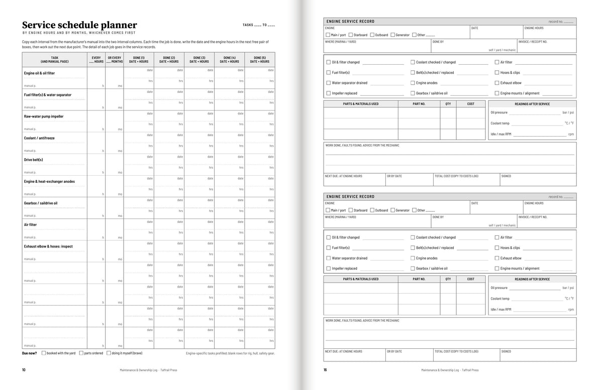 Open interior spread of the Taffrail Press Boat Maintenance Log showing service and haul-out tables