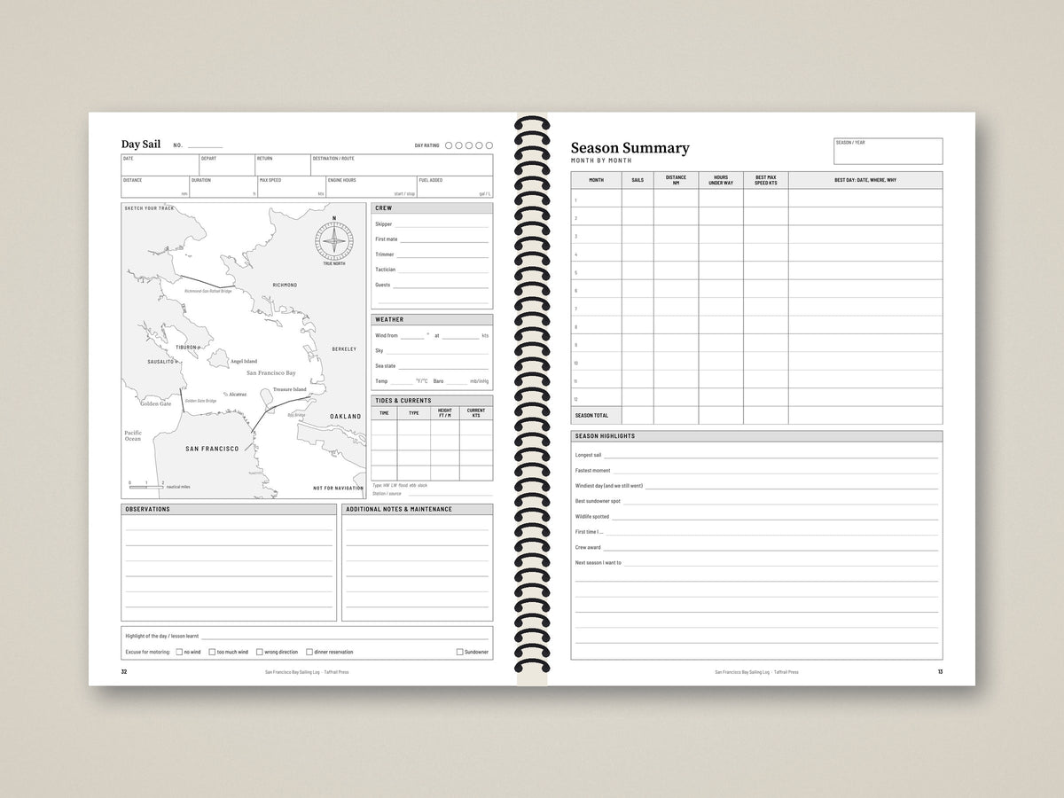 Taffrail Press Wire-O coil-bound sailing logbook lying flat on a chart table with a pencil