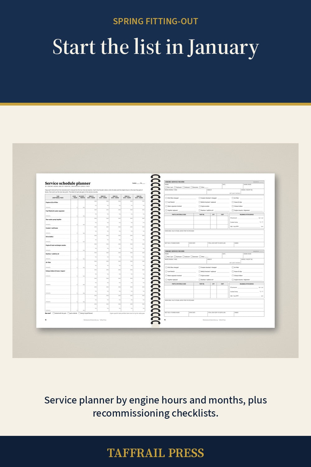 Taffrail Press Boat Maintenance Log open to a spring service and fitting-out checklist