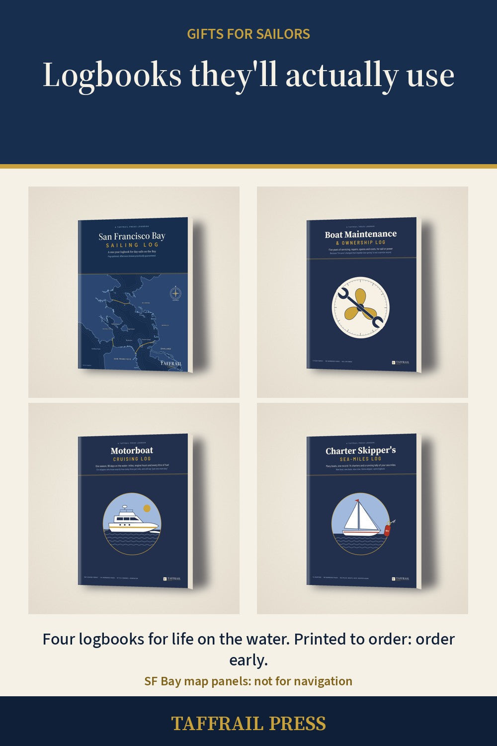 Taffrail Press logbooks arranged as practical gifts for sailors and boat owners