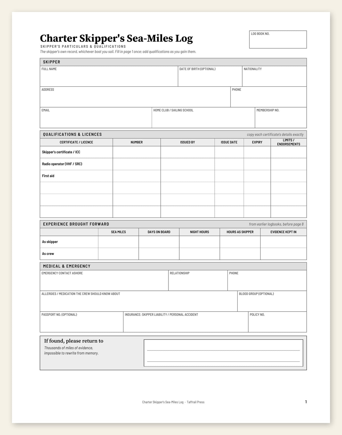 Charter Skipper's Sea-Miles Log — coil-bound lie-flat mockup (digital mockup) (Taffrail Press)