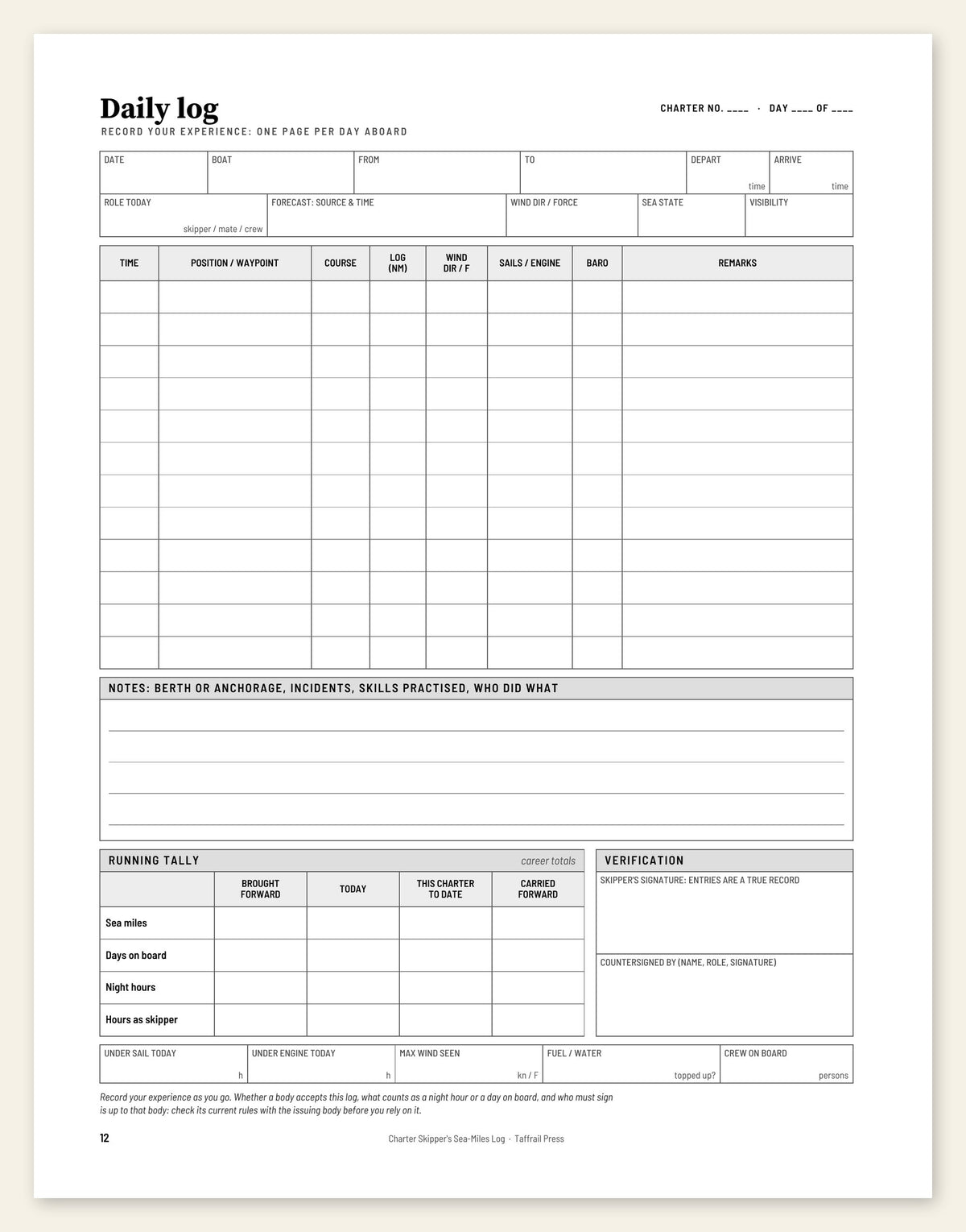 Charter Skipper's Sea-Miles Log — interior spread (Taffrail Press)