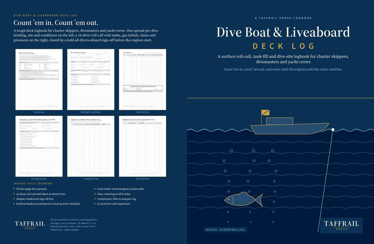 Dive Boat & Liveaboard Deck Log — cover & spine preview (a4 / international) (Taffrail Press)