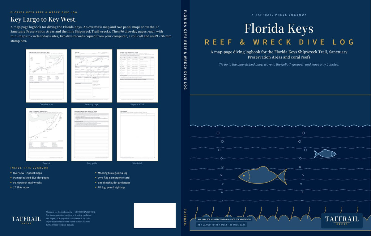 Florida Keys Reef & Wreck Dive Log: Key Largo to Key West — front & back cover spread (us letter) (Taffrail Press)
