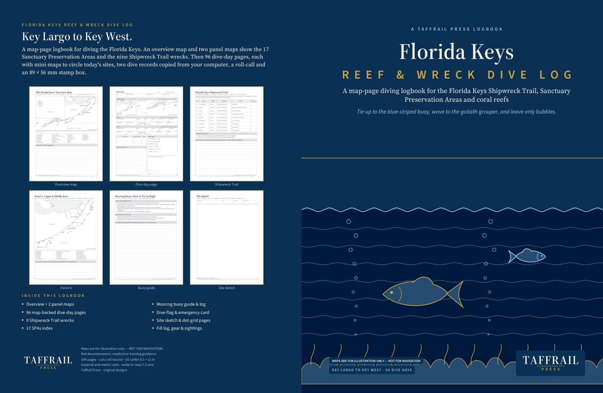 Florida Keys Reef & Wreck Dive Log: Key Largo to Key West — cover & spine preview (a4 / international) (Taffrail Press)