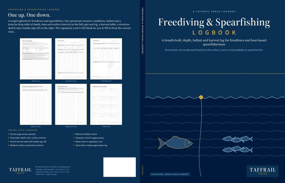 Freediving & Spearfishing Logbook — front & back cover spread (us letter) (Taffrail Press)