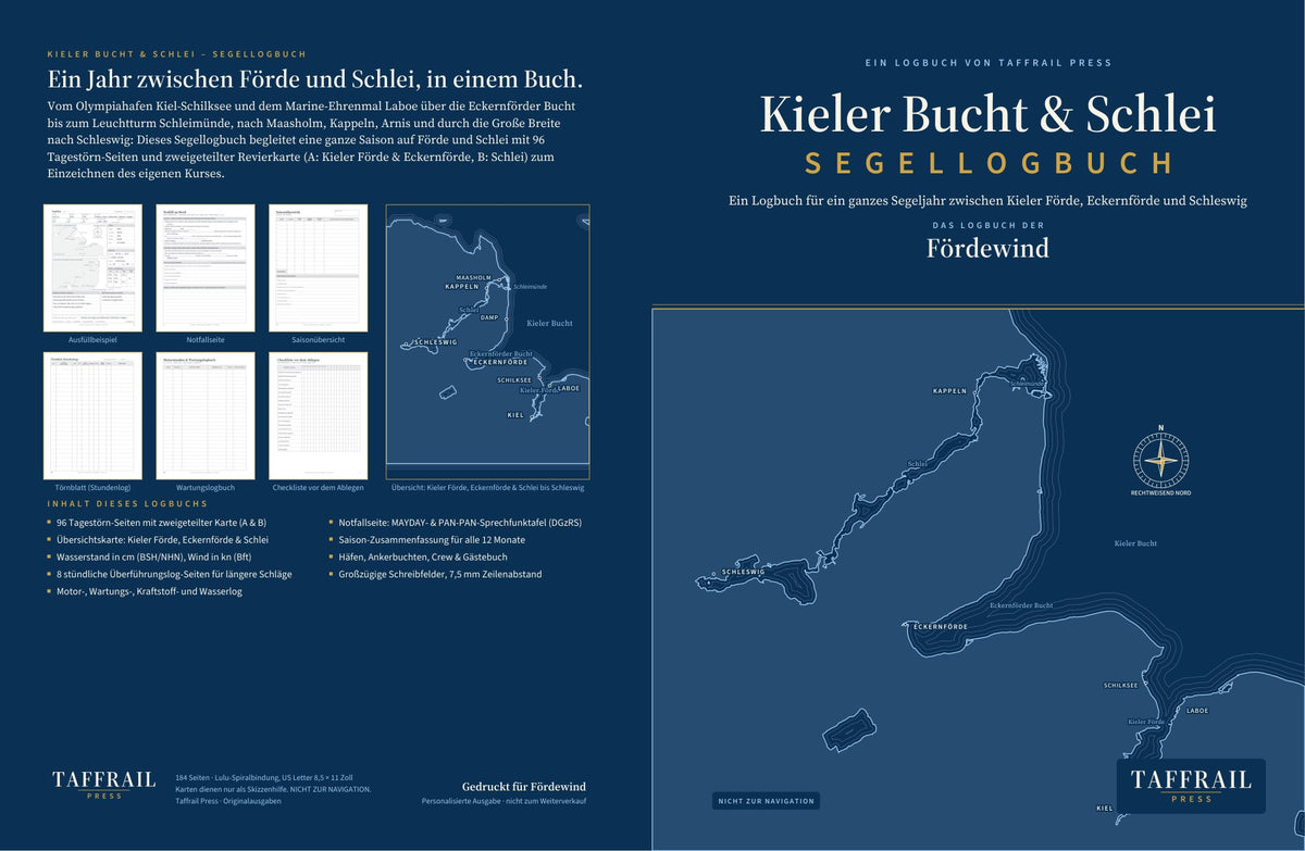 Kieler Bucht & Schlei – Segellogbuch — interior two-page log spread (Taffrail Press) — sketch map, not for navigation