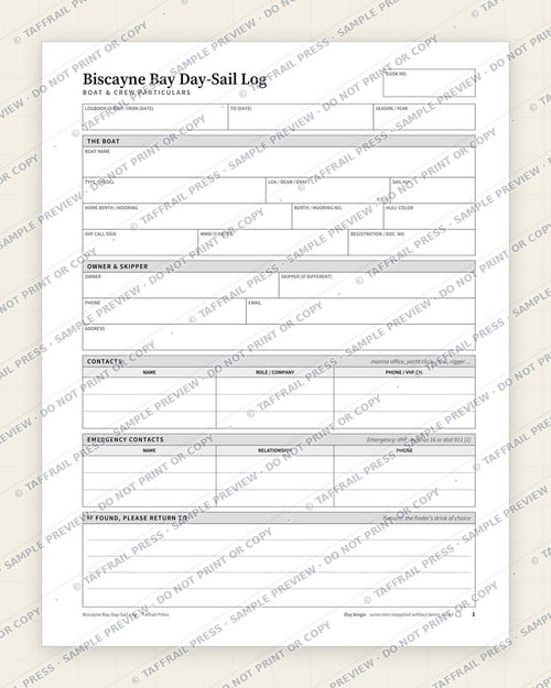 Biscayne Bay Day-Sail Log — Interior preview 1: Vessel & crew particulars (watermarked sample)