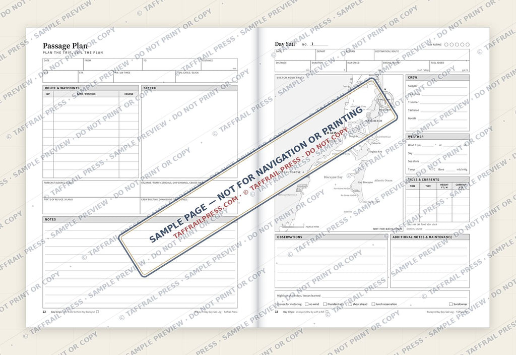 Biscayne Bay Day-Sail Log — Interior preview 4: Two-page open log spread (watermarked sample)