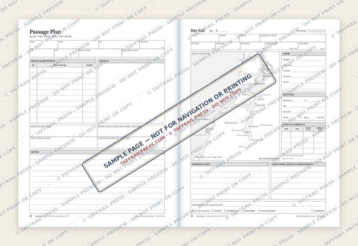Biscayne Bay Day-Sail Log — Interior preview 4: Two-page open log spread (watermarked sample)