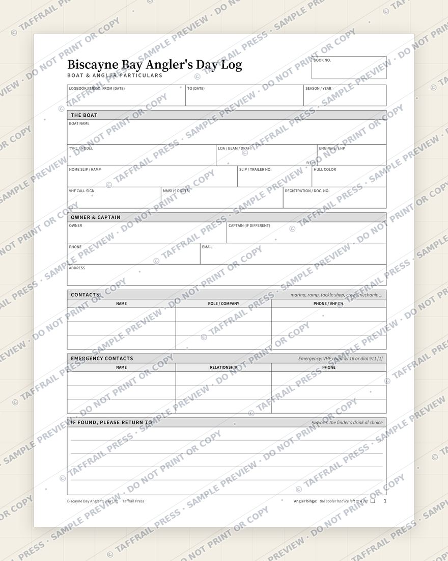 Biscayne Bay Angler's Day Log — Interior preview 1: Vessel & crew particulars (watermarked sample)