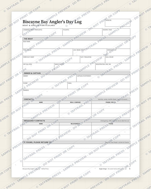 Biscayne Bay Angler's Day Log — Interior preview 1: Vessel & crew particulars (watermarked sample)