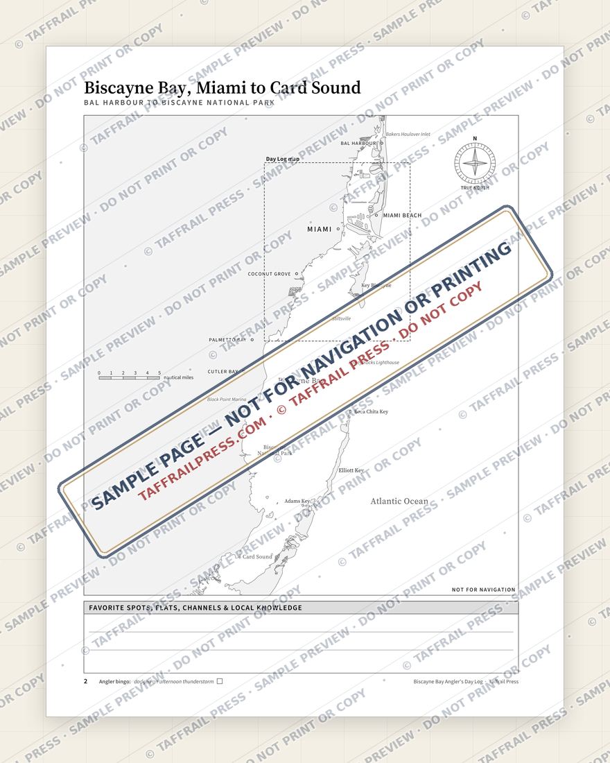 Biscayne Bay Angler's Day Log — Interior preview 2: Regional overview map & contents (watermarked sample)