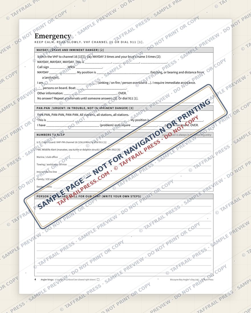 Biscayne Bay Angler's Day Log — Interior preview 3: Safety, emergency & pre-departure (watermarked sample)