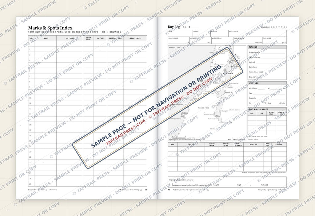 Biscayne Bay Angler's Day Log — Interior preview 4: Two-page open log spread (watermarked sample)