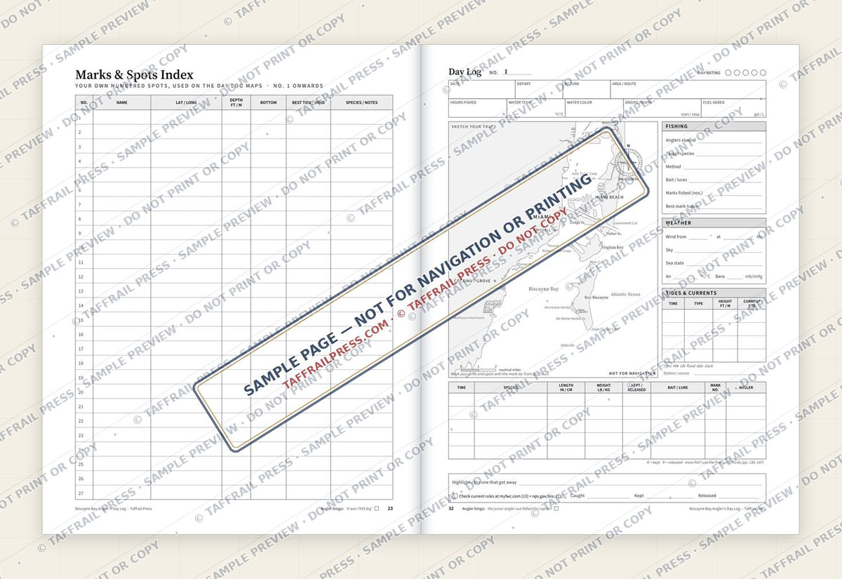 Biscayne Bay Angler's Day Log — Interior preview 4: Two-page open log spread (watermarked sample)