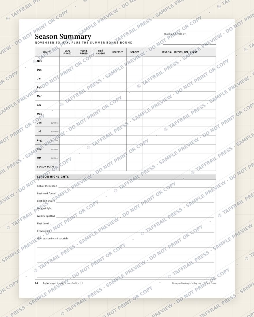 Biscayne Bay Angler's Day Log — Interior preview 7: Season summary & totals (watermarked sample)