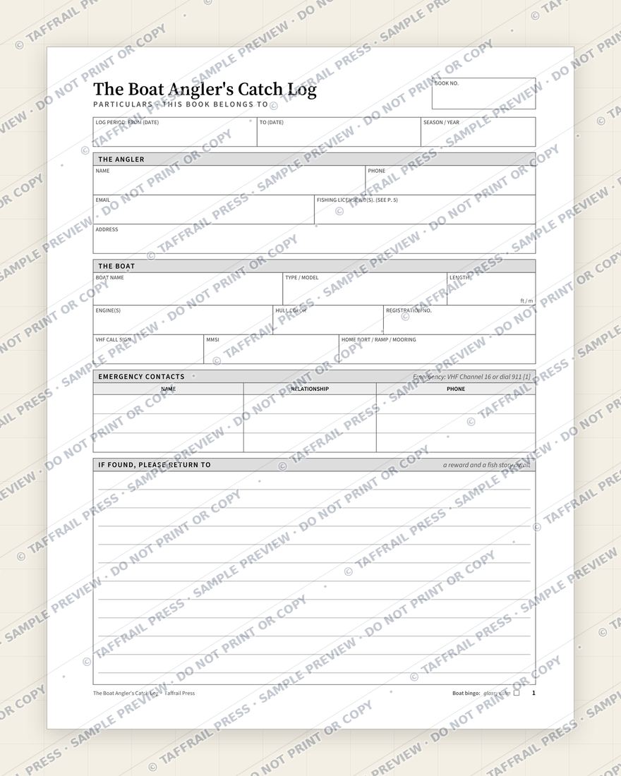 The Boat Angler's Catch Log — Interior preview 1: Vessel & crew particulars (watermarked sample)
