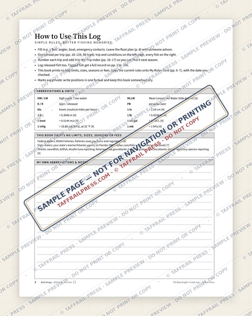 The Boat Angler's Catch Log — Interior preview 2: Regional overview map & contents (watermarked sample)