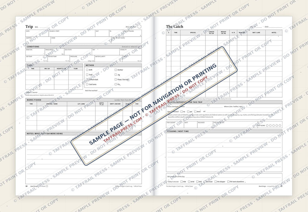 The Boat Angler's Catch Log — Interior preview 4: Two-page open log spread (watermarked sample)
