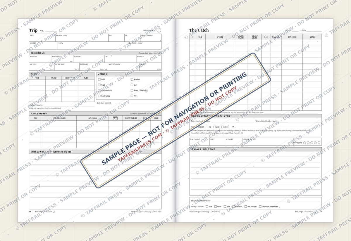 The Boat Angler's Catch Log — Interior preview 4: Two-page open log spread (watermarked sample)