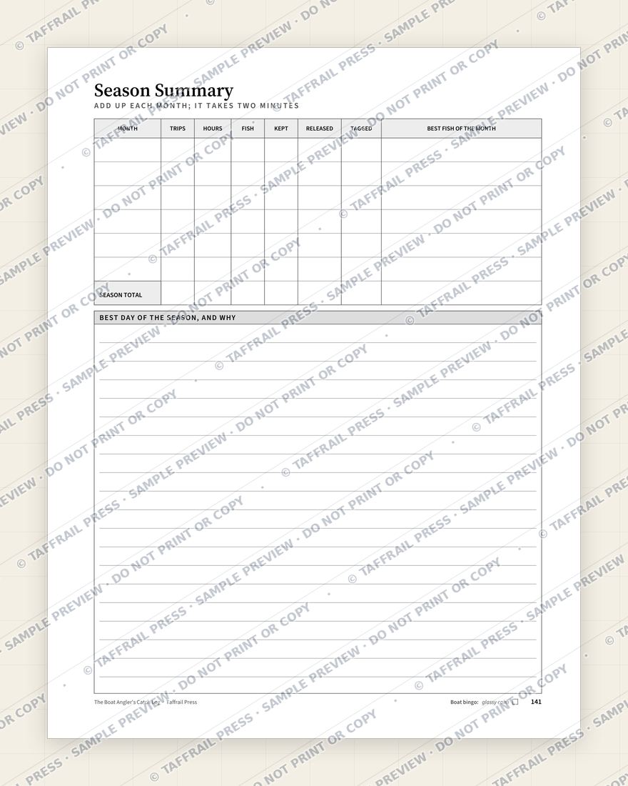 The Boat Angler's Catch Log — Interior preview 7: Season summary & totals (watermarked sample)