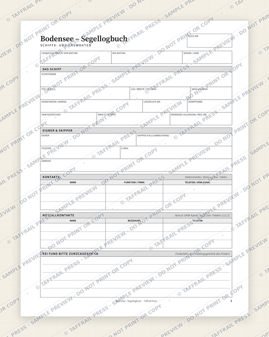 Bodensee – Segellogbuch — Interior preview 1: Vessel & crew particulars (watermarked sample)