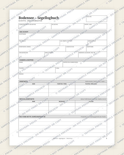 Bodensee – Segellogbuch — Interior preview 1: Vessel & crew particulars (watermarked sample)