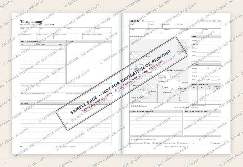 Bodensee – Segellogbuch — Interior preview 4: Two-page open log spread (watermarked sample)