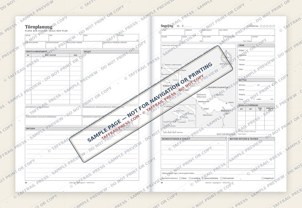 Bodensee – Segellogbuch — Interior preview 4: Two-page open log spread (watermarked sample)