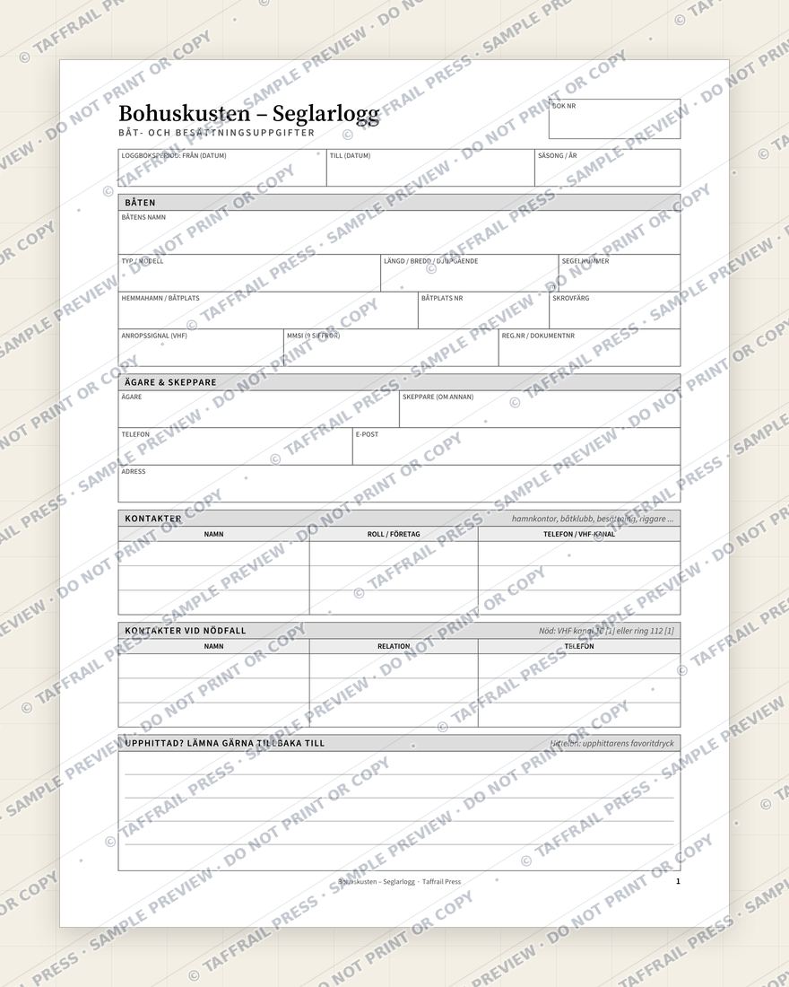 Bohuskusten – Seglarlogg — Interior preview 1: Vessel & crew particulars (watermarked sample)