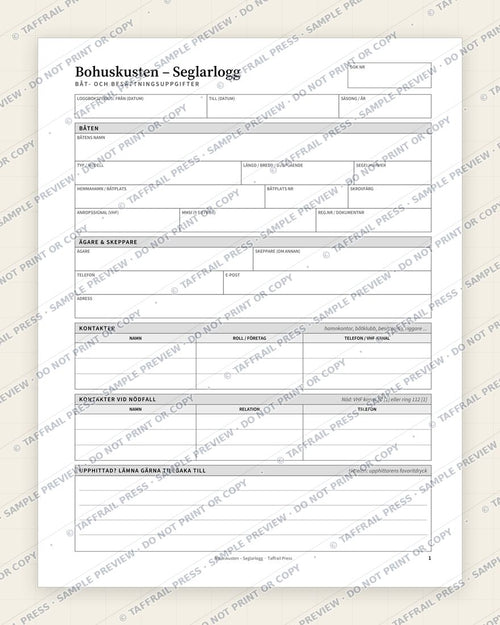 Bohuskusten – Seglarlogg — Interior preview 1: Vessel & crew particulars (watermarked sample)