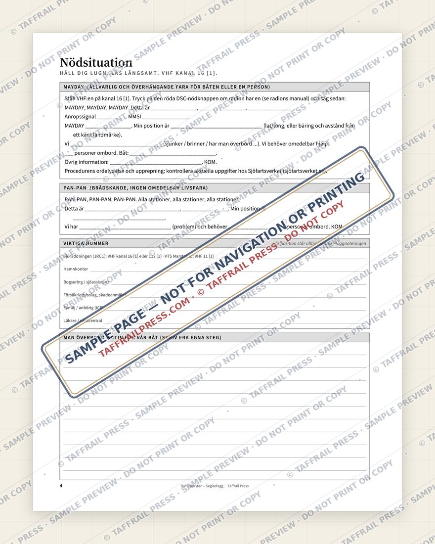 Bohuskusten – Seglarlogg — Interior preview 3: Safety, emergency & pre-departure (watermarked sample)