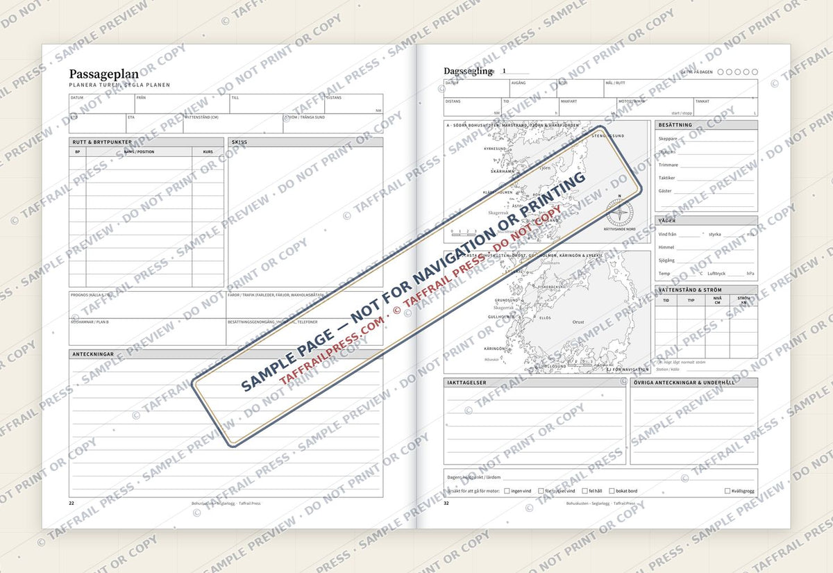 Bohuskusten – Seglarlogg — Interior preview 4: Two-page open log spread (watermarked sample)