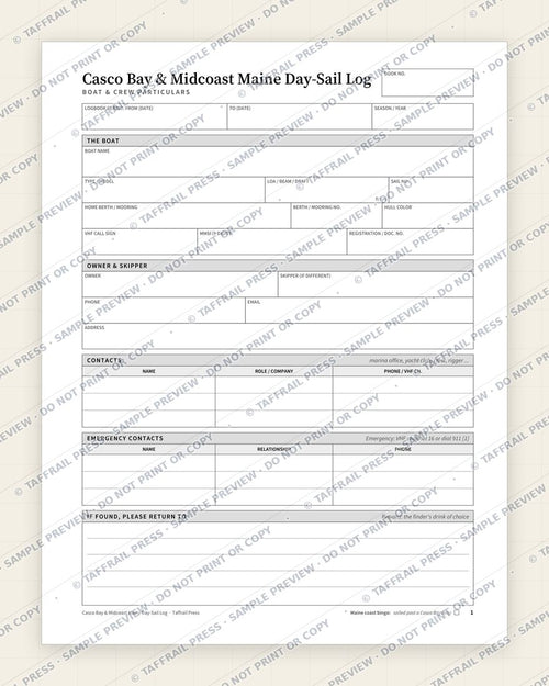 Casco Bay & Midcoast Maine Day-Sail Log — Interior preview 1: Vessel & crew particulars (watermarked sample)