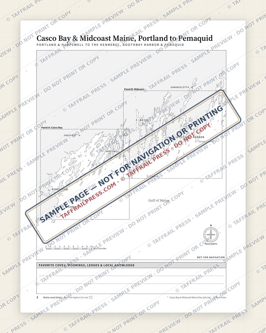 Casco Bay & Midcoast Maine Day-Sail Log — Interior preview 2: Regional overview map & contents (watermarked sample)