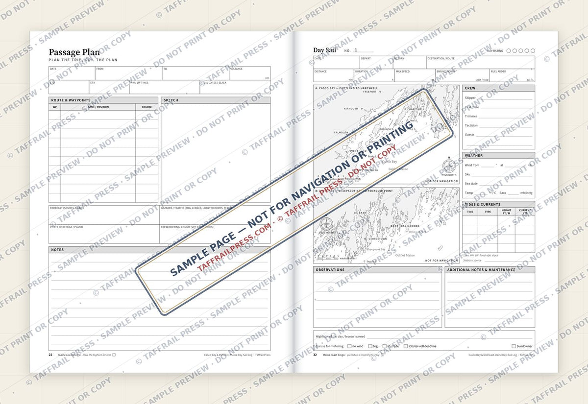 Casco Bay & Midcoast Maine Day-Sail Log — Interior preview 4: Two-page open log spread (watermarked sample)