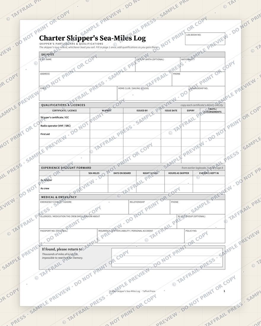 Charter Skipper's Sea-Miles Log — Interior preview 1: Vessel & crew particulars (watermarked sample)