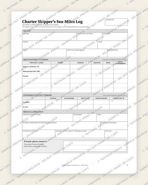 Charter Skipper's Sea-Miles Log — Interior preview 1: Vessel & crew particulars (watermarked sample)