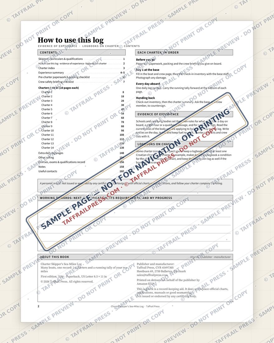 Charter Skipper's Sea-Miles Log — Interior preview 2: Regional overview map & contents (watermarked sample)