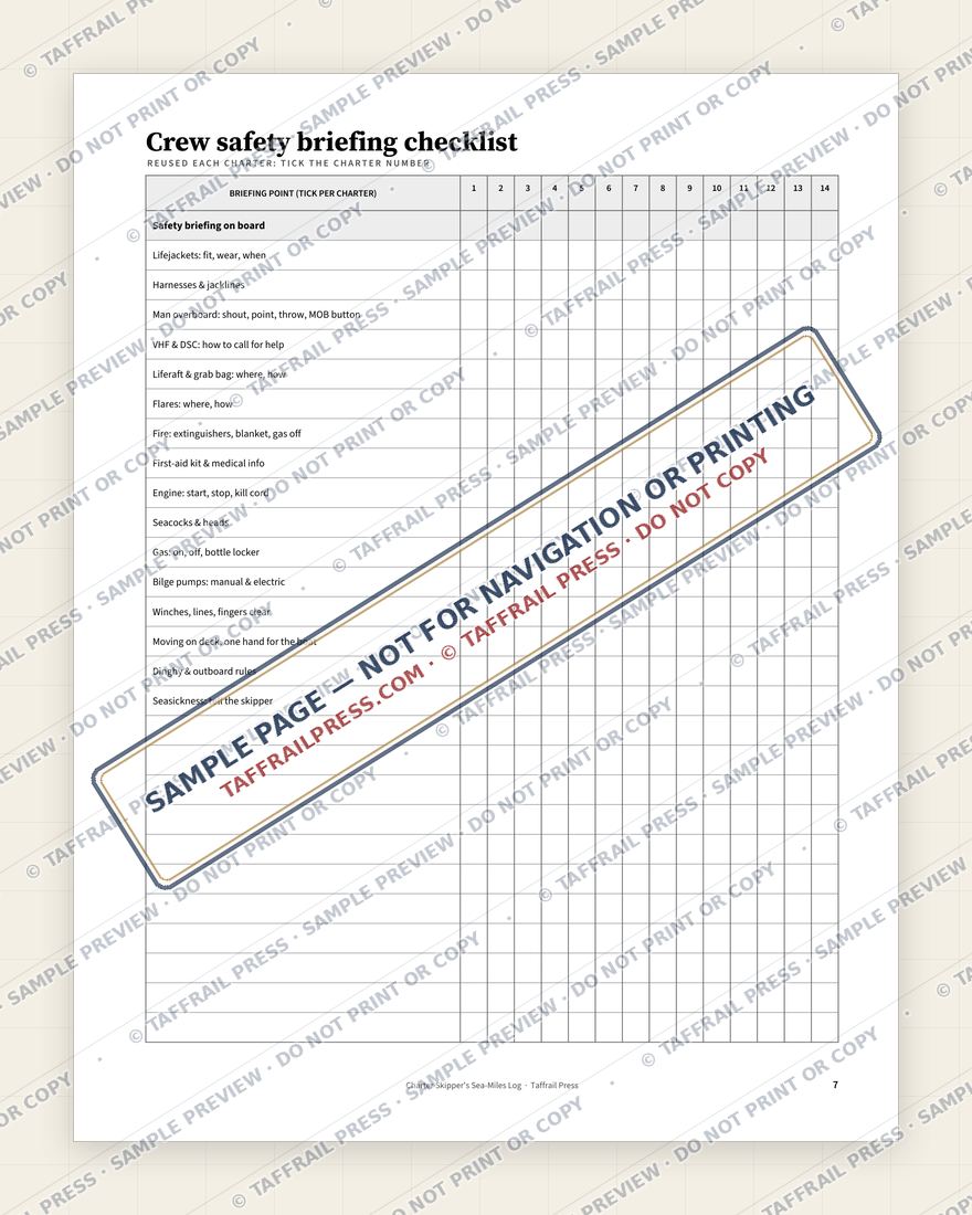 Charter Skipper's Sea-Miles Log — Interior preview 3: Safety, emergency & pre-departure (watermarked sample)