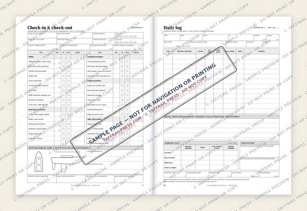 Charter Skipper's Sea-Miles Log — Interior preview 4: Two-page open log spread (watermarked sample)