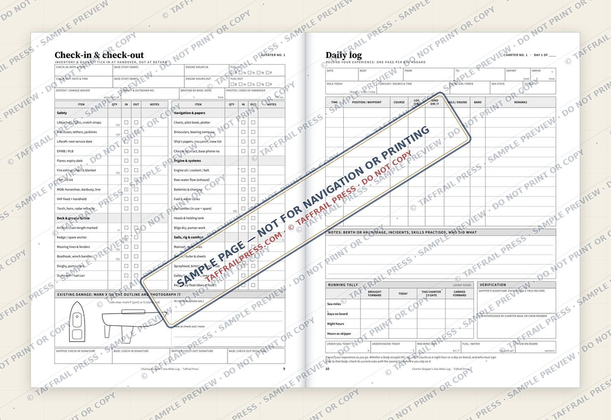 Charter Skipper's Sea-Miles Log — Interior preview 4: Two-page open log spread (watermarked sample)