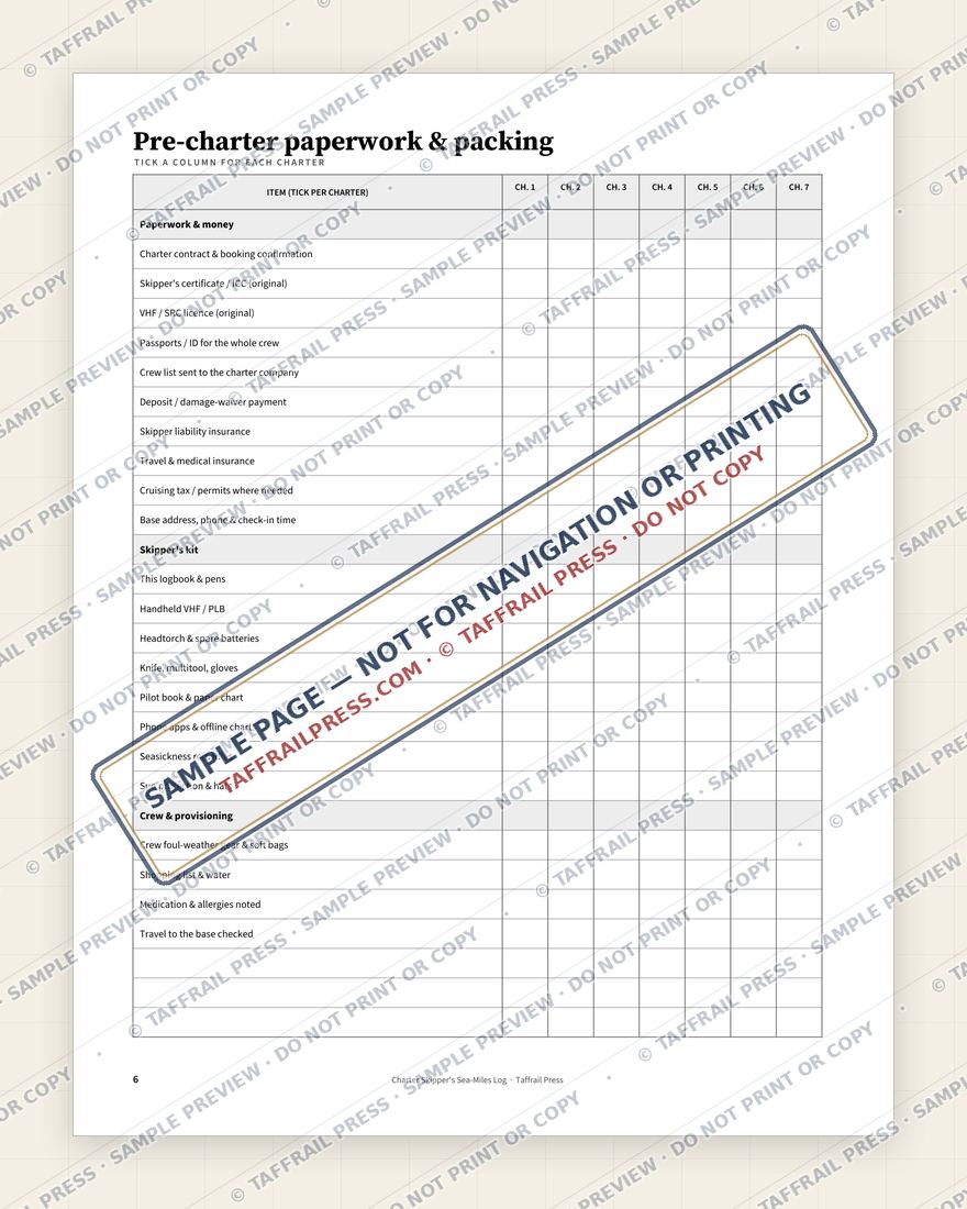 Charter Skipper's Sea-Miles Log — Interior preview 5: Checklists, readiness & planning (watermarked sample)