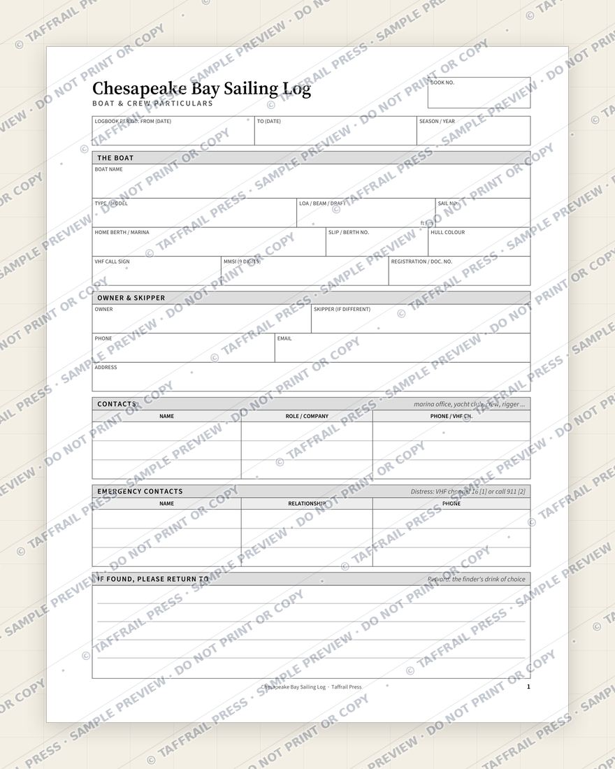Chesapeake Bay Sailing Log — Interior preview 1: Vessel & crew particulars (watermarked sample)