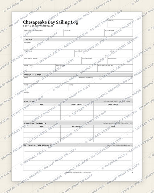 Chesapeake Bay Sailing Log — Interior preview 1: Vessel & crew particulars (watermarked sample)