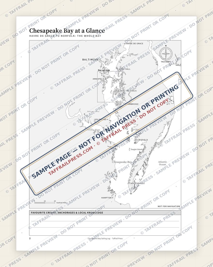 Chesapeake Bay Sailing Log — Interior preview 2: Regional overview map & contents (watermarked sample)