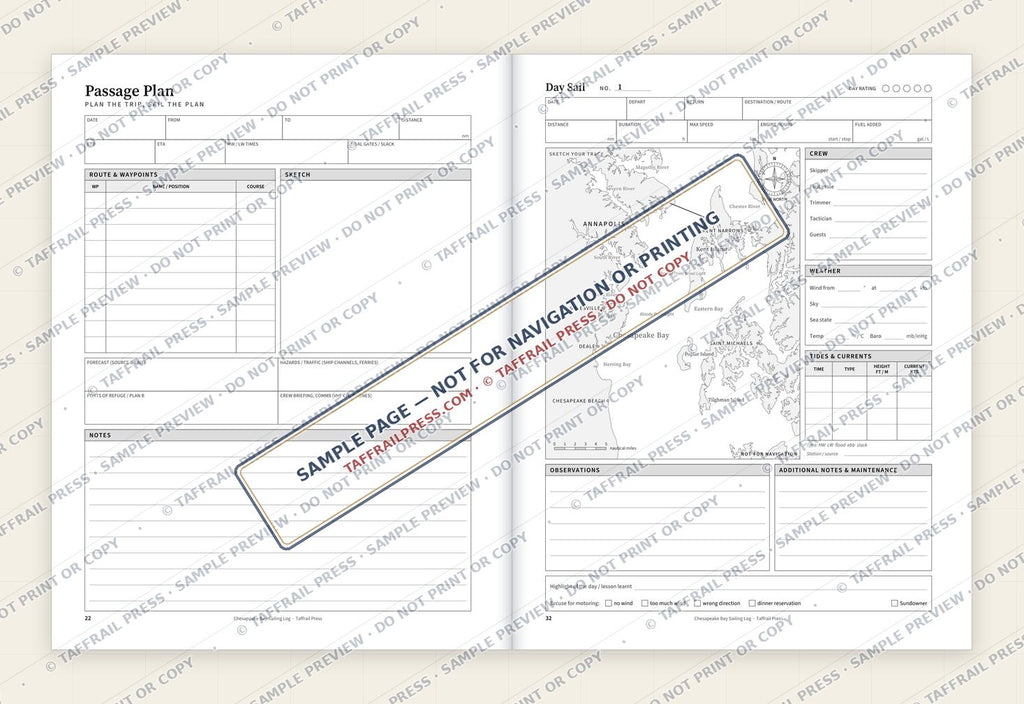 Chesapeake Bay Sailing Log — Interior preview 4: Two-page open log spread (watermarked sample)