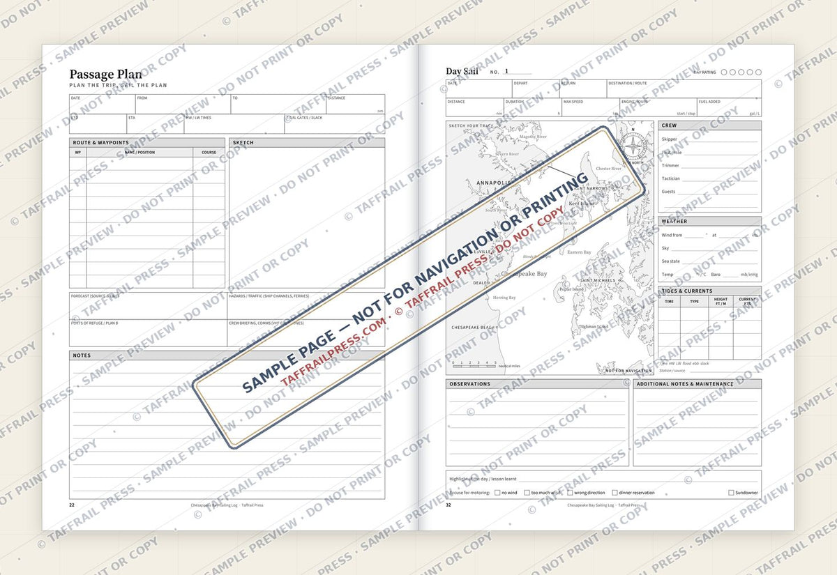 Chesapeake Bay Sailing Log — Interior preview 4: Two-page open log spread (watermarked sample)